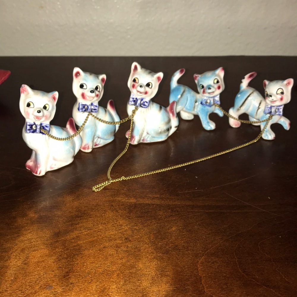 Vintage Chain Gang Blue Tiger Striped Playful Kittens Cat Set of Five Figurines